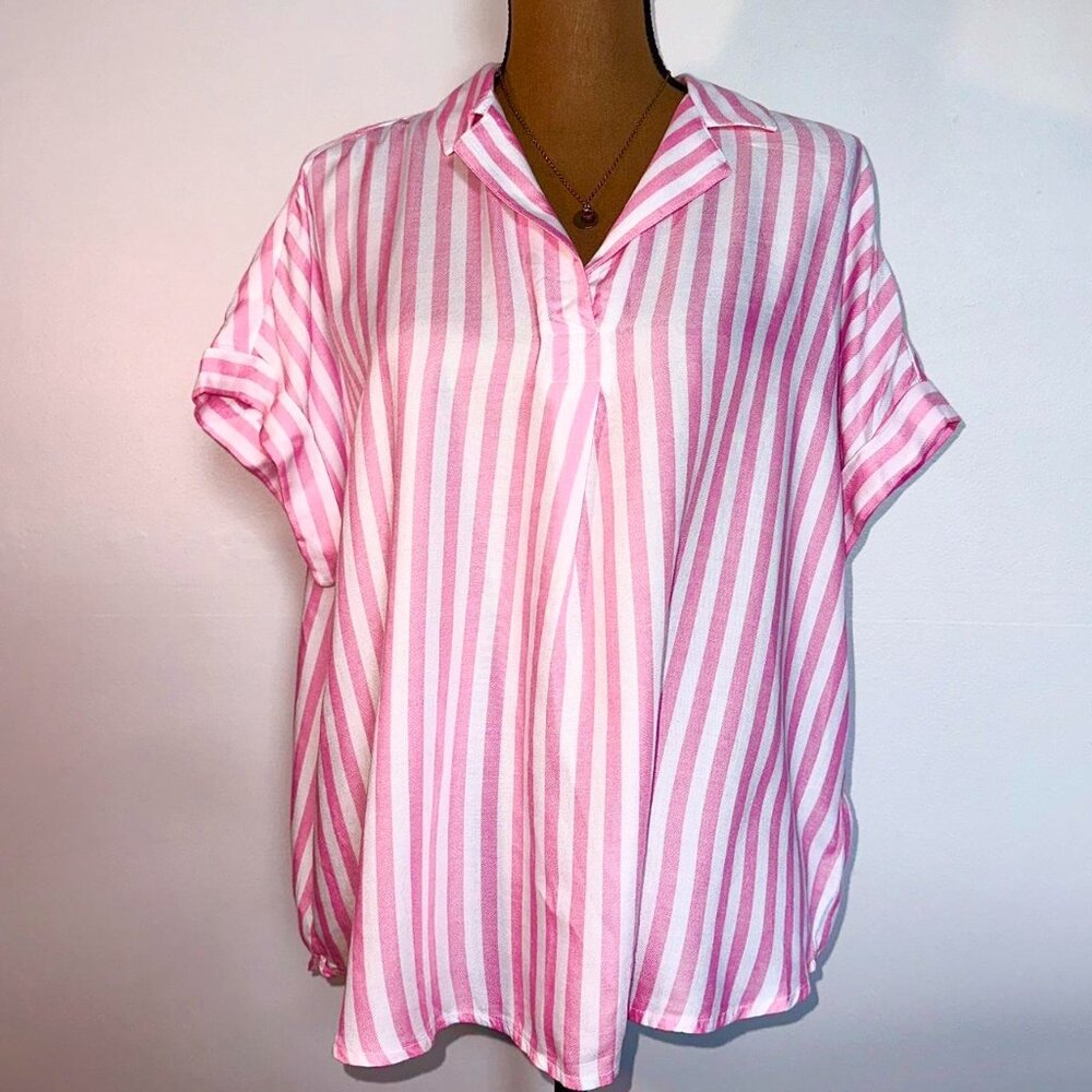 Pink and white striped button up shirt